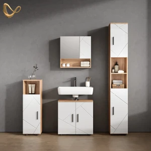 Badmöbel-Set Ronco Weiß Hochglanz/Goldkraft Eiche 4 Teile, mit Hochschrank livinity®