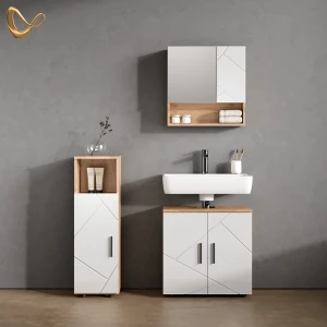 Badmöbel-Set Ronco Weiß Hochglanz/Goldkraft Eiche 3 Teile livinity®