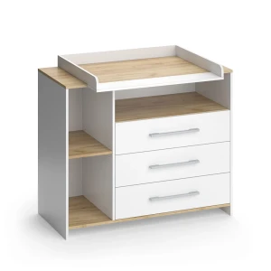 Puslekommode Oskar Hvid/gylden eg 113 x 93 cm med 3 skuffer Vicco