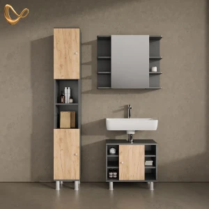 Badmöbel-Set Fucino Anthrazit/Goldkraft Eiche 3 Teile mit Hochschrank livinity®