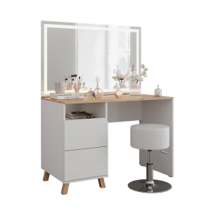 Kaptafel set met kruk Karen Wit/Kunstnijverheid 110 cm met kruk en LED-spiegel Vicco