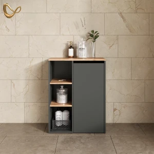 Badschrank Paolina Anthrazit/Goldkraft Eiche 68 x 88.2 cm , mit offenen Regalen und Wäschekorb livinity®