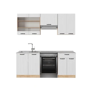 Küchenzeile Fame-Line Weiß Landhaus 200 cm , AP Marmor Vicco