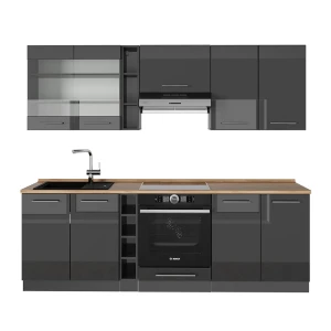 Complete keukeneenheid Fame-Line Antraciet Hoogglans 235 cm , WB Eik Vicco