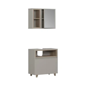 Meubles bain Elnor Grège avec armoire à glace et meuble bas Vicco