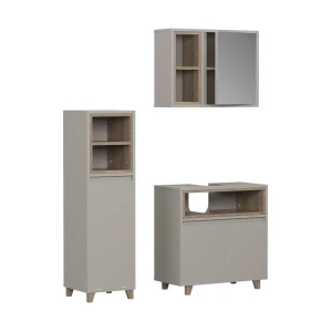 Badmöbel-Set Elnor Greige 3 Teile mit Midischrank Vicco