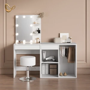Schminktisch Nola Weiß 140 cm mit LED Beleuchtung und Schrank livinity®