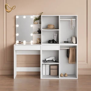Schminktisch Nola Weiß 140 cm mit LED Beleuchtung und Schränken livinity®
