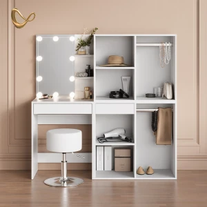 Schminktisch Nola Weiß mit LED, Hocker und Schränken livinity®