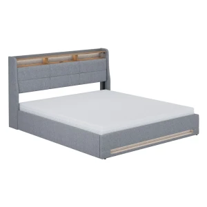 Polstret seng Christin Grå/eg 180x200 med LED, USB-port & madras Vitalispa