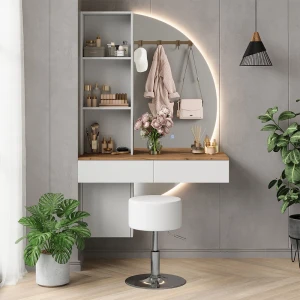Schminktisch Melora Weiß/Eiche 100 cm mit LED-Spiegel und Hocker Vicco