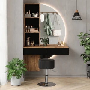 Makeupbord Melora Eg/sort 100 cm med LED-spejl og skammel Vicco