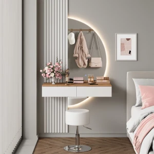 Makeupbord Melina Hvid/eg 100 cm med LED-spejl og skammel Vicco