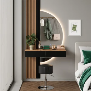 Makeupbord Melina Eg/sort 100 cm med LED-spejl og skammel Vicco