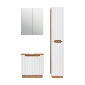 Conjunto de móveis de banheiro Lotta Carvalho/branco às riscas 3 partes Vicco