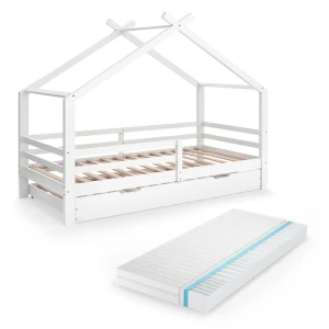 Lit cabane Luni Blanc 200 x 90 cm avec lit d'appoint et matelas Vitalispa