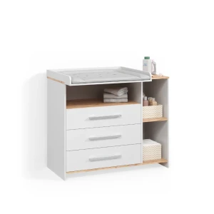 Wickelkommode Torino Weiß/Goldkraft Eiche mit 3 Schubladen livinity®