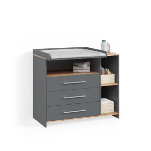 Wickelkommode Torino Anthrazit/Goldkraft Eiche mit 3 Schubladen livinity®