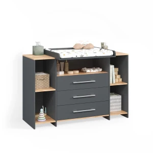 Wickelkommode Torino Anthrazit/Goldkraft Eiche mit 3 Schubladen livinity®