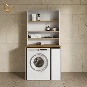 Waschmaschinenschrank Paolina Weiß/Artisan 93.6 x 88.2 cm 2 Teile mit Schrank und Regal livinity®
