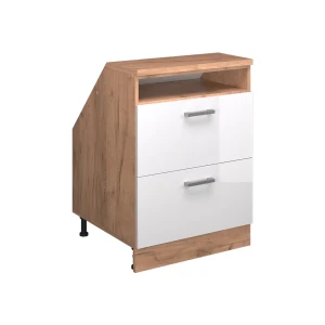 Szafka kuchenna na dach skośny R-Line Biały wysoki połysk 60 cm z 2 szufladami, korpus szafy głębokość 60 cm Vicco