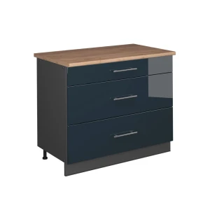 Küchenunterschrank Fame-Line Dunkelblau Hochglanz/Anthrazit 100 cm, AP Eiche Vicco