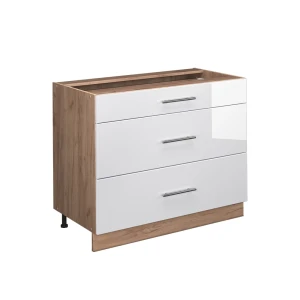 Küchenunterschrank Fame-Line Weiß Hochglanz/Goldkraft Eiche 100 cm ohne Arbeitsplatte Vicco