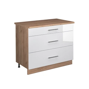 Küchenunterschrank Fame-Line Weiß Hochglanz/Goldkraft Eiche 100 cm, AP Eiche Vicco