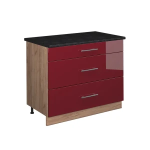 Küchenunterschrank Fame-Line Bordeaux Hochglanz/Goldkraft Eiche 100 cm, AP Anthrazit Vicco