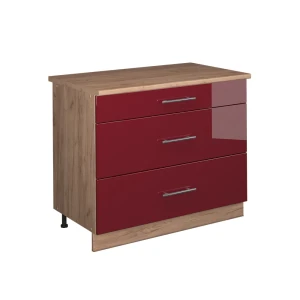 Küchenunterschrank Fame-Line Bordeaux Hochglanz/Goldkraft Eiche 100 cm, AP Eiche Vicco