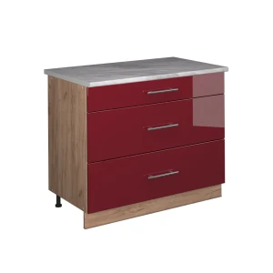 Küchenunterschrank Fame-Line Bordeaux Hochglanz/Goldkraft Eiche 100 cm, AP Marmor Vicco