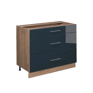 Küchenunterschrank Fame-Line Dunkelblau Hochglanz/Goldkraft Eiche 100 cm ohne Arbeitsplatte Vicco