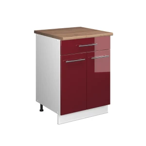 Unterschrank für Spüle/Kochfeld Fame-Line Bordeaux Hochglanz/Weiß 60 cm mit Schublade, AP Eiche Vicco