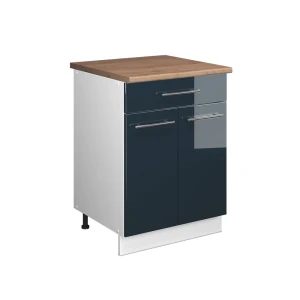 Unterschrank für Spüle/Kochfeld Fame-Line Dunkelblau Hochglanz/Weiß 60 cm mit Schublade, AP Eiche Vicco