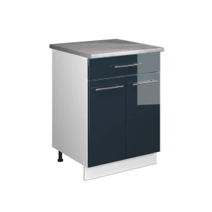 Unterschrank für Spüle/Kochfeld Fame-Line Dunkelblau Hochglanz/Weiß 60 cm mit Schublade, AP Marmor Vicco