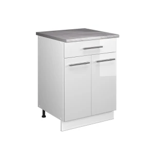 Unterschrank für Spüle/Kochfeld Fame-Line Weiß Hochglanz/Weiß 60 cm mit Schublade, AP Marmor Vicco