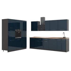 Cuisine Fame-Line Bleu foncé brillant/Anthracite 460cm, PT Chêne Vicco