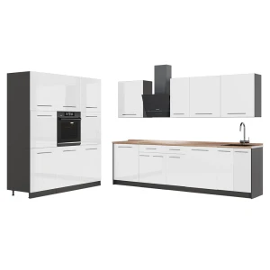 Mueble de cocina Fame-Line Blanco alto brillo/Antracita 460 cm, ET Roble Vicco