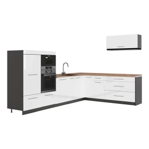 Kuchnia narożna Fame-Line Biały wysoki połysk/Antracyt 327 x 227 cm, BP Dąb Vicco