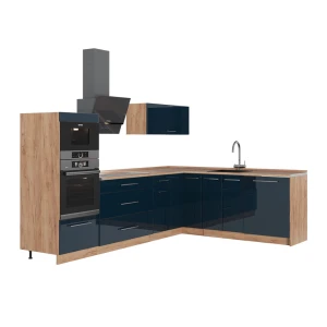 Hjørnekøkken Fame-Line Mørkeblå højglans/Gylden eg 287 x 60 cm, BP Eg Vicco