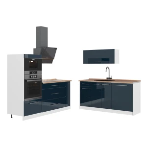 Keuken Fame-Line Donkerblauw hoogglans/Wit 340 cm, WB Eik Vicco