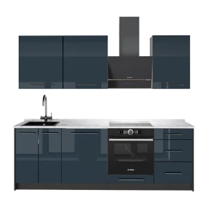Kitchenette Fame-Line Azul escuro alto brilho/antracite 230 cm, Mármore AP Vicco