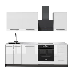 Küchenzeile Fame-Line Weiß Hochglanz/Anthrazit 230 cm, AP Marmor Vicco