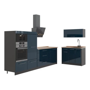 Cucina Fame-Line Blu scuro lucido/Antracite 380 cm, PL Rovere Vicco