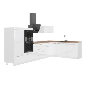Cocina esquinera Fame-Line Blanco alto brillo/Blanco 347 x 207 cm, ET Roble Vicco