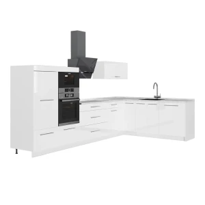 Eckküche Fame-Line Weiß Hochglanz/Weiß 347 x 207 cm, AP Marmor Vicco