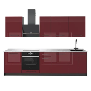 Cuisine Fame-Line Rouge bordeaux Haute brillance/Anthracite 280cm, PT Marbre Vicco