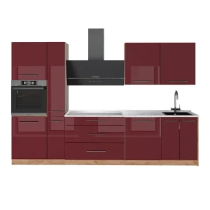Kitchenette Fame-Line Bordeaux alto brilho/Carvalho dourado 310 cm, Mármore AP Vicco