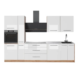 Küchenzeile Fame-Line Weiß Hochglanz/Goldkraft Eiche 310 cm, AP Marmor Vicco