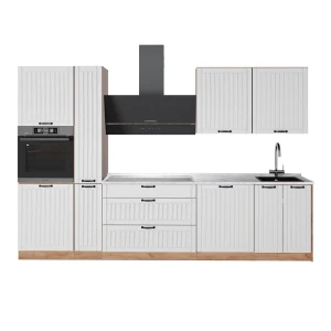 Küchenzeile Fame-Line Weiß Landhaus/Goldkraft Eiche 310 cm, AP Marmor Vicco